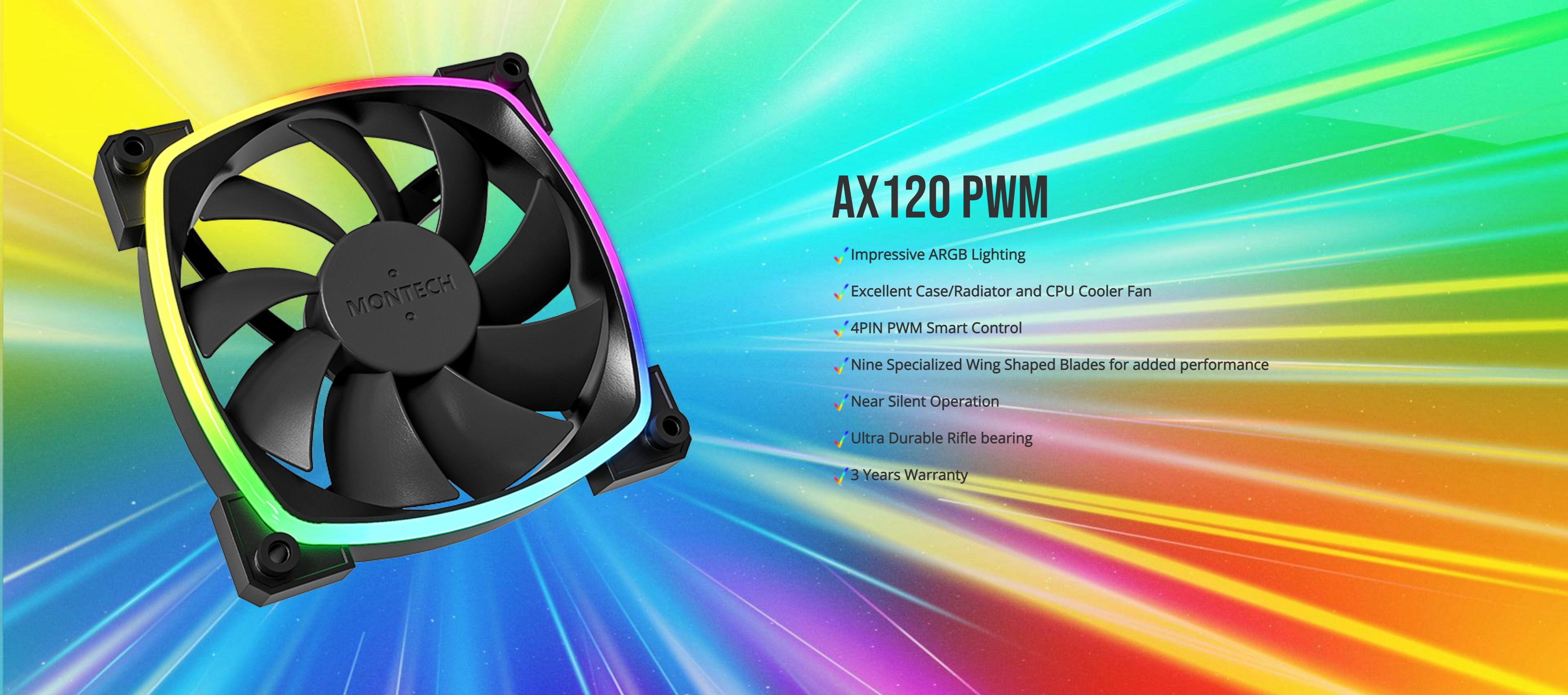 A large marketing image providing additional information about the product Montech AX120 3 Pack - ARGB PWM 120mm Fans (Black) - Additional alt info not provided